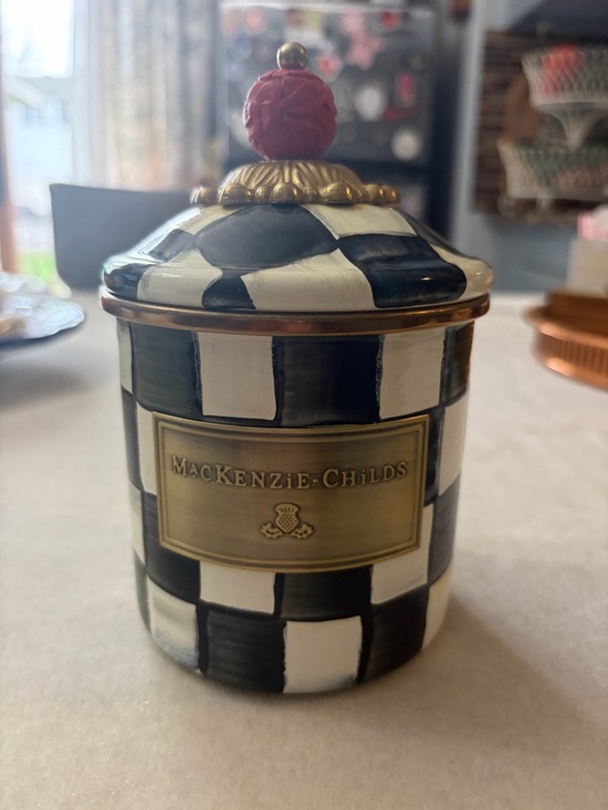 MacKenzie-Childs Other - MacKenzie-Childs Black and White Checkered Ceramic Jar with Red Knob